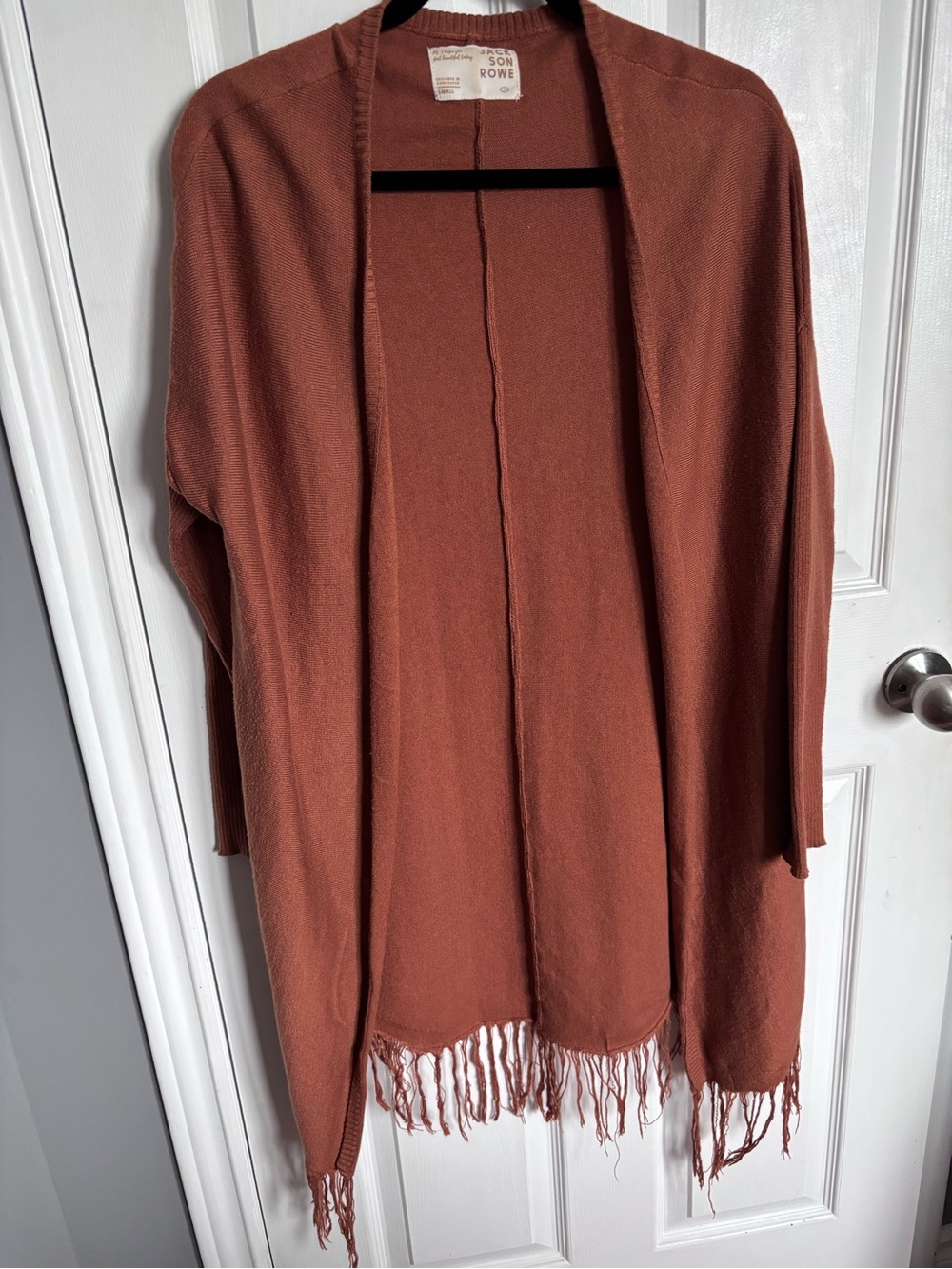 Jackson Rowe Open-Front Fringe Knit Cardigan in Rust Small